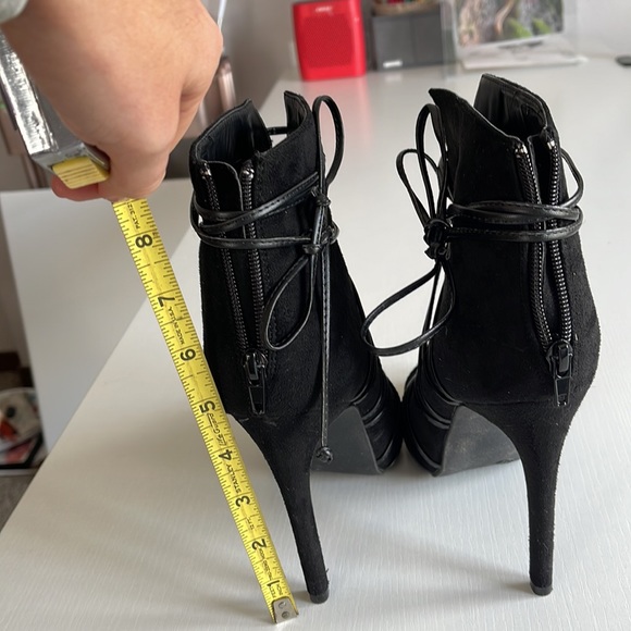 Black Lace Up Heels Faux Suede with Faux Leather Accents Runs 1/2 size big - Picture 2 of 5